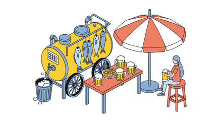 Naklejka premium Isometric illustration of a young woman sitting at a table and drinking beer next to a yellow mobile beer and dried fish stall at a beach.