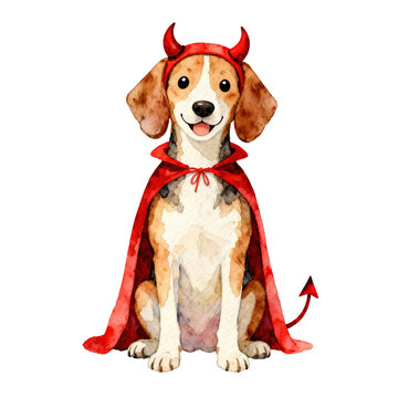 A cheerful beagle wearing a devil costume, complete with a red cape and horns, perfect for Halloween-themed designs.
