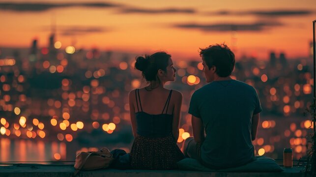 Couple Watching Sunset from Rooftop with City Lights