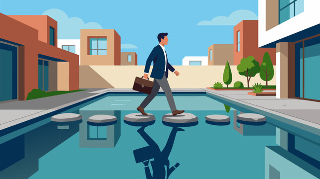 Professional businessman in suit carrying briefcase walking across stepping stones over calm reflective water pool with modern architecture buildings and blue sky career progress metaphor vector