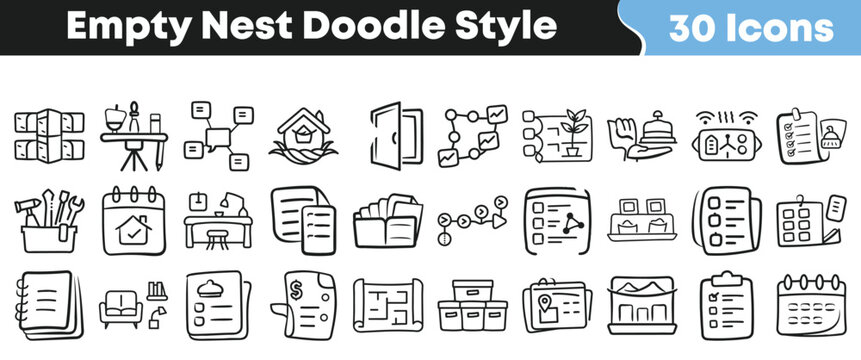 Hand drawn collection of thirty empty nest themed vector icons