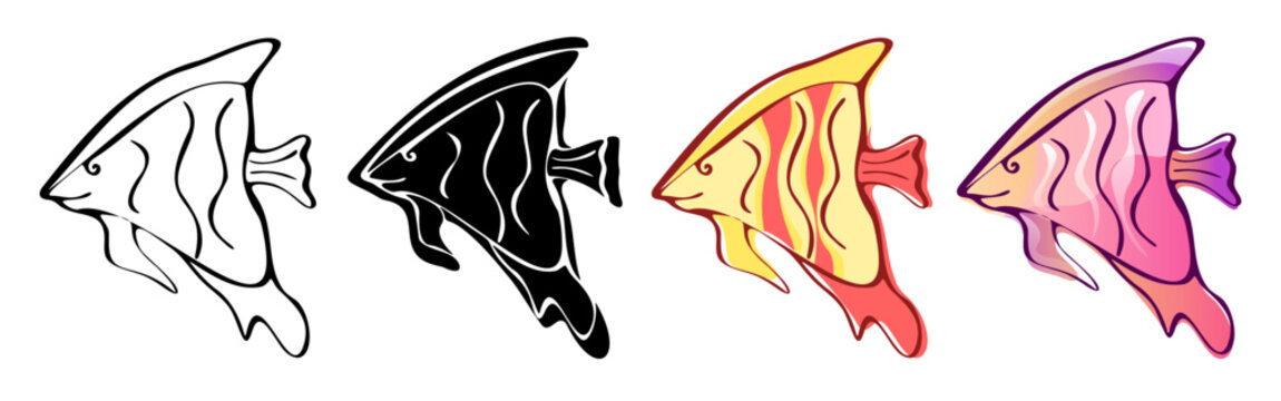 Stylized angelfish clip art set of four hand drawn tropical fish in black line art, stencil silhouette, flat orange yellow, and pink purple gradient variations. 