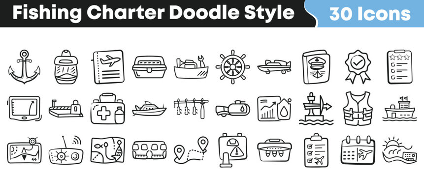 Collection of thirty hand drawn fishing charter equipment doodle icons