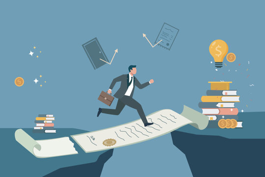 Businessman Crossing Gap on Certificate Bridge to Career Success Concept Vector, Education and Career Advancement Concept
