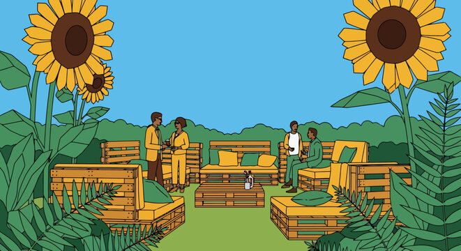 Couple in yellow suits drinking coffee in an outdoor lounge with giant sunflowers and pallet furniture