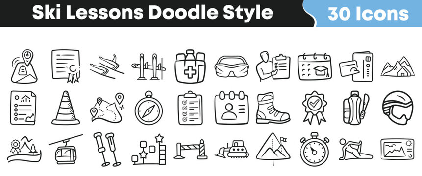 Hand drawn collection of thirty ski lesson themed doodle icons