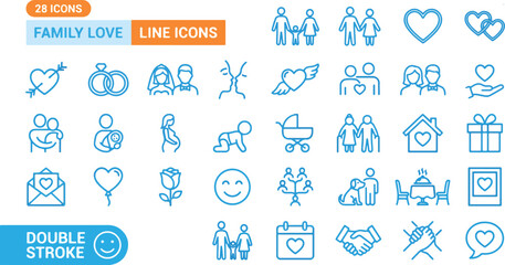 Fototapeta premium Family love line icons, double stroke style, 28 family symbols, relationship and parenting illustrations