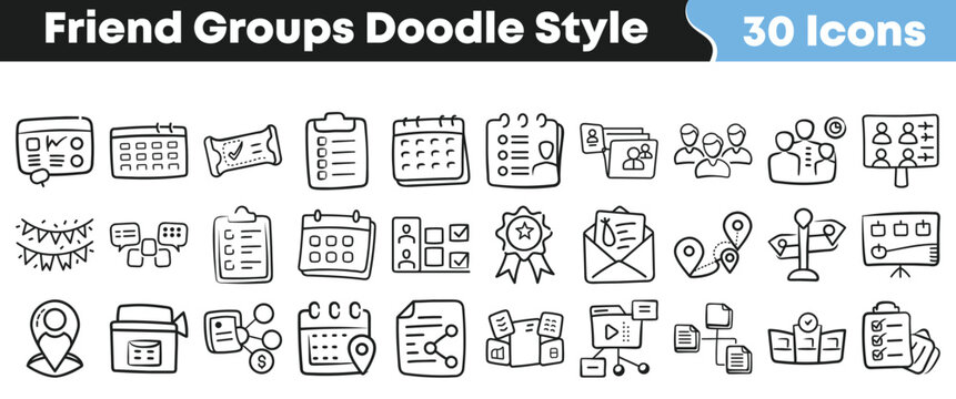 Set of thirty hand drawn doodle icons for friend group planning