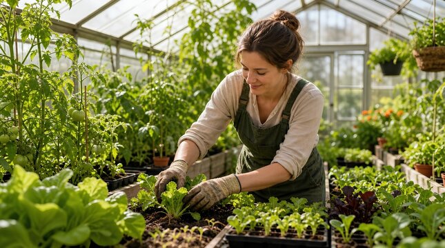 A woman in gloves tends young vegetable plants inside a sunlit greenhouse, ideal for organic gardening, sustainable living, and horticulture promotion.