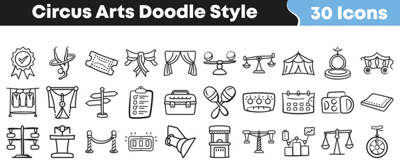 Hand drawn circus arts doodle icons set for creative design projects © Vectoravec