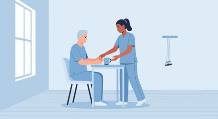 Fototapeta premium Nurse offers drink to elderly man in rehabilitation, healthcare and assistance illustration