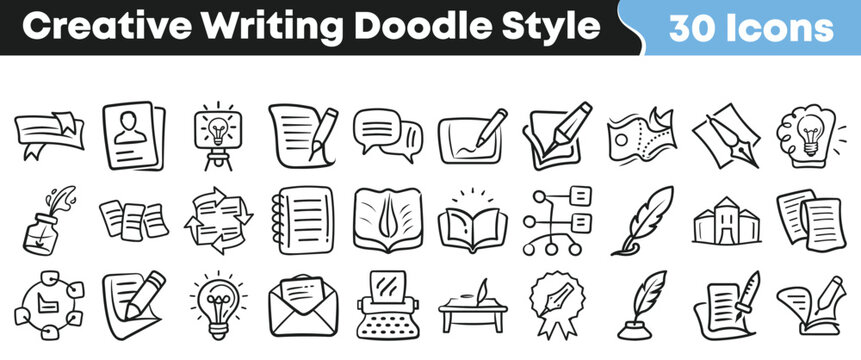 Set of creative writing icons in a simple doodle style
