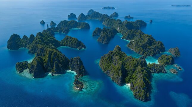 Aerial view of lush tropical limestone islands in vivid blue sea, perfect for luxury travel, island hopping, and destination marketing campaigns.