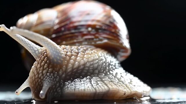 Macro land snail crawling on dark reflective surface in studio setting