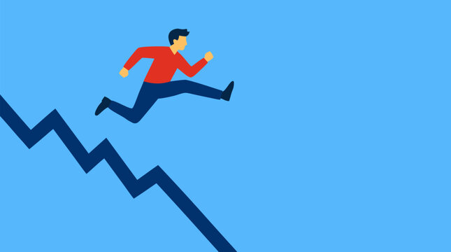 Determined businessman in red shirt leaping powerfully over jagged descending line graph hurdle into bright open success space symbolizing overcoming challenges crisis recovery and business
