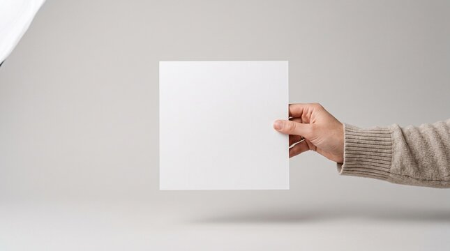 A person wearing a beige sweater holds a blank square white paper sheet mockup using their hand to present clean design space for professional branding projects in a minimalist studio.