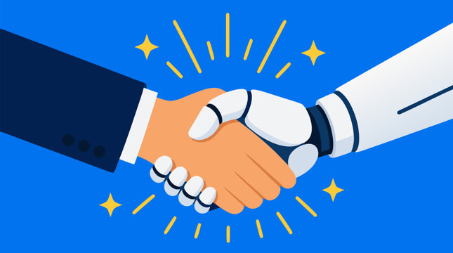 Human and robot handshake symbolizing artificial intelligence partnership and collaboration in modern business with radiating energy bursts and stars on vibrant blue background