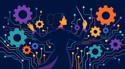 Naklejka premium Confident woman conductor directing floating mechanical gears and glowing digital circuits with elegant baton in futuristic dark blue setting intricate technology fusion vector conceptual