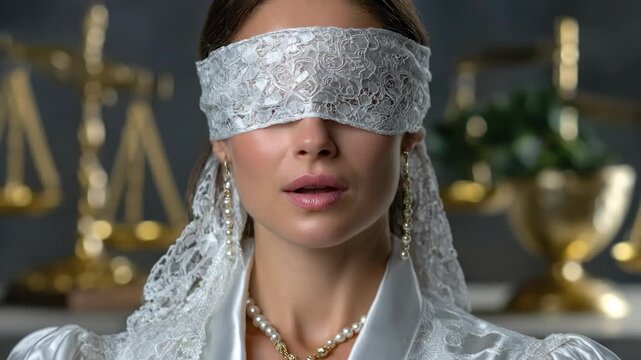 Blindfolded woman representing justice, legal system, impartiality, fairness, scales of justice, ethics, judgment, law, equality, truth, serious, elegant, concept, symbolic image