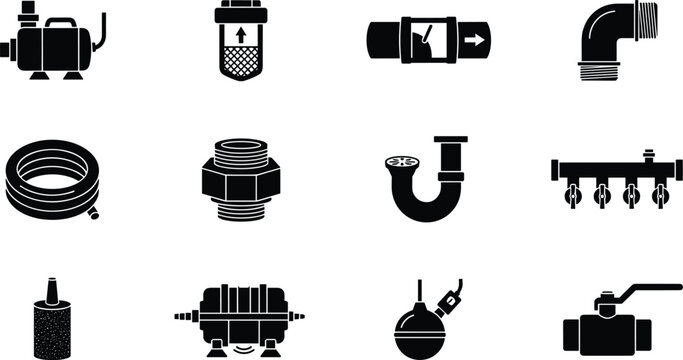 Water Pipeline Infrastructure and Industrial Fluid Control Component Icon Set with Submersible Pump, Filter, Valves, and Connector Fittings Vector Design