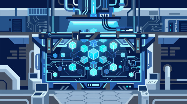Futuristic vector artwork depicting a powerful quantum computer processor featuring suspended glowing blue cubes connected by circuits in a high-tech cryogenic laboratory environment with dramatic