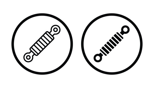 Shock absorber car suspension component icons in outline and solid styles for automotive repair and engineering design projects isolated on white background