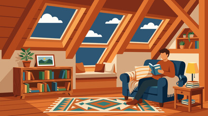 Peaceful man relaxing with book in cozy attic loft reading nook featuring wooden beams skylights comfortable armchair colorful rug warm lamp and extensive bookshelf collection under bright natural © Khalid