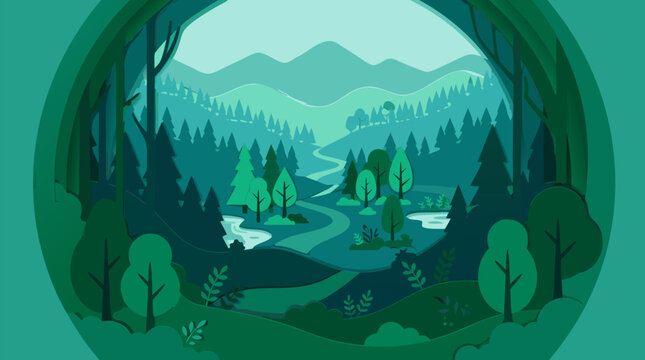 Intricate paper cut layered forest vector illustration in nested teal emerald green tones circular frame with winding river mountains trees and hills artistic depth craft style nature composition