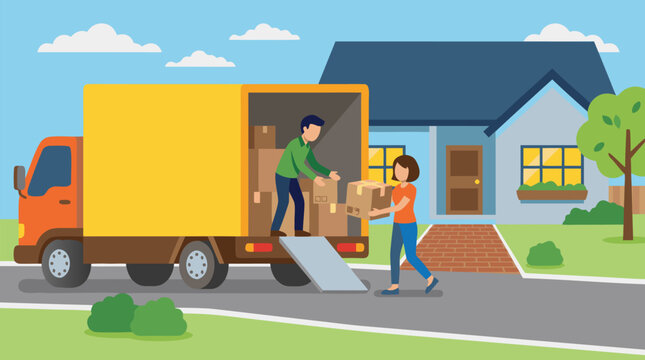 Young couple loading cardboard boxes into orange moving truck parked on residential street during relocation day with suburban house and neighborhood scenery in background vector illustration