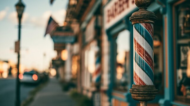 Vintage barber pole outside a classic barbershop storefront on an urban street, creating a nostalgic atmosphere and timeless neighborhood charm.
