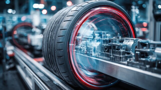 High-Speed Tire Production with Machinery in Action and Motion Blur Effects Capturing Industrial Process Efficiency