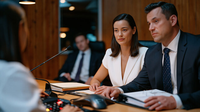 Litigation attorney conducts witness deposition in narrow conference room, court reporter fingers poised over stenography machine, legal counsel seated opposite witness reviewing exhibit binders bes