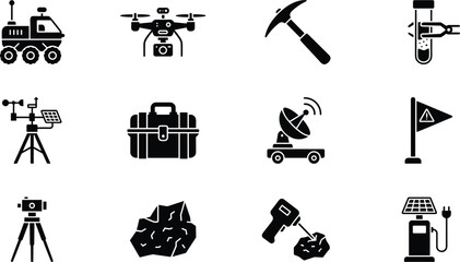 Fototapeta premium Geological Field Research and Planetary Exploration Icon Set with Rover, Surveying Tools, Drone, Test Tube, and Mineral Sampling Symbols Vector Illustration Style