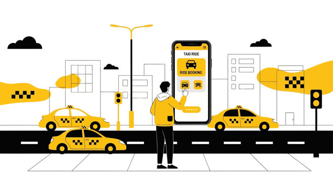 Man using taxi app on smartphone, ordering ride with yellow cars in city background