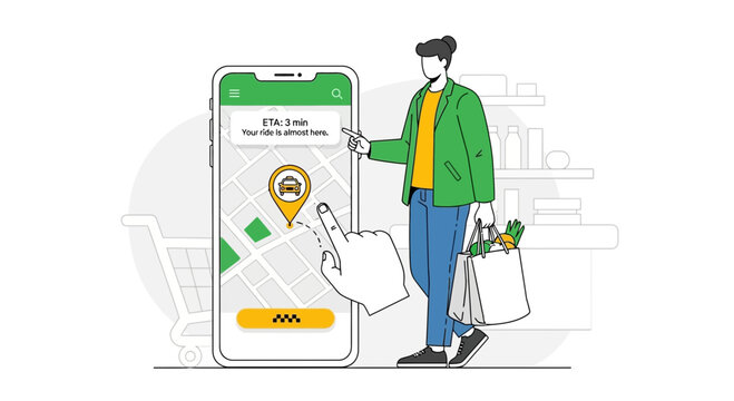Man using taxi app on smartphone for ride-hailing service after shopping