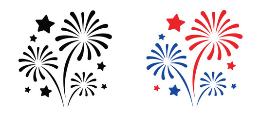 Fireworks burst icons with sparkling star effects, festive celebration symbols, and modern minimalist vector graphics for festivals, greeting cards, and event branding. © ARIF AHMED 05