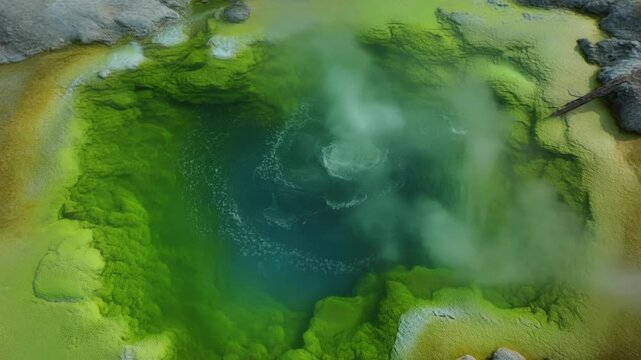 Aerial view dallol volcanic field with steaming green sulfur pools