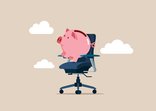 Pink piggy bank on office chair. Modern vector illustration in flat style