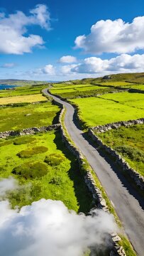 Winding Country Road Patchwork Fields Drone View Wild Atlantic Way Green Shadow