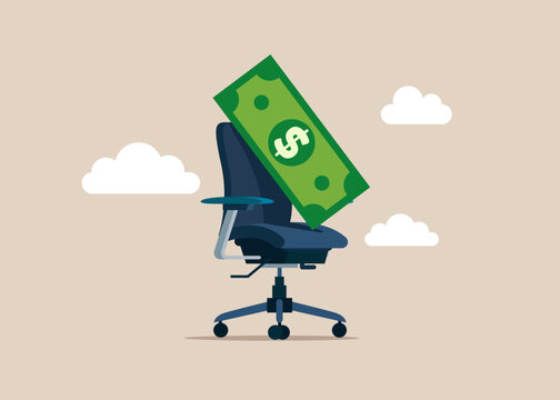 Dollar bill on office chair. Concept of investment, wealth, spending, inflation and loss of savings. Modern vector illustration in flat style