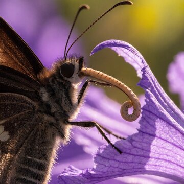 Macro butterfly sipping nectar from a purple flower, curled proboscis sharply focused, warm golden garden light revealing delicate wings, antennae and pollination detail in vivid nature closeup