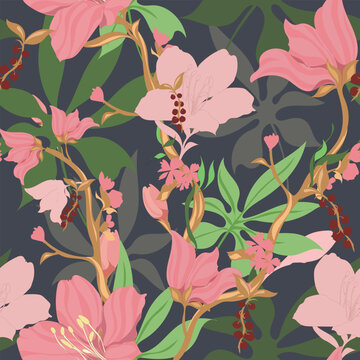 Beautiful seamless floral pattern with flowers and leaves. Decorative botanical vector illustration for fabric, wallpaper, and textile design.