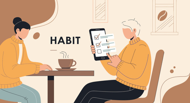 People tracking habits on phone app in cafe, productivity and self-improvement concept