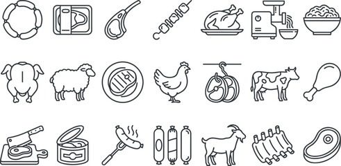 Butcher shop and fresh meat production line icon set featuring farm livestock poultry and sausage. © Shukimon