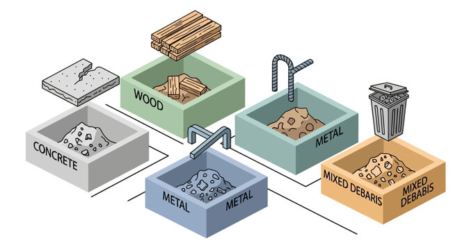 Refined isometric waste management vector depicting construction debris recycling containers for timber scrap metal and rubble materials