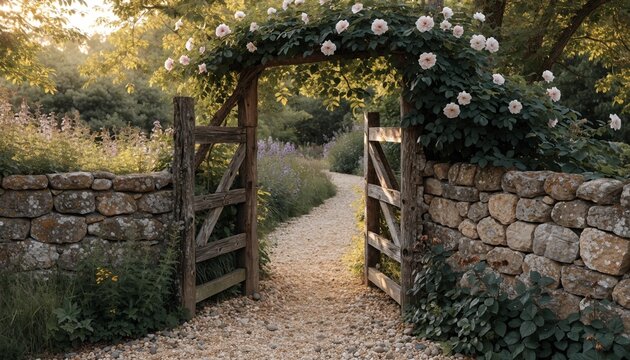 Weathered wooden garden gate in rustic stone wall beneath blooming climbing roses, gravel path leading into lush cottage garden glowing with warm golden evening light, peaceful countryside entrance