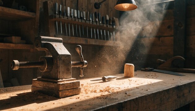 Atmospheric rustic woodworking workshop with heavy timber workbench, antique metal vise, chisels on the wall and sawdust glowing in a dramatic shaft of lamplight, evoking skilled artisan craft