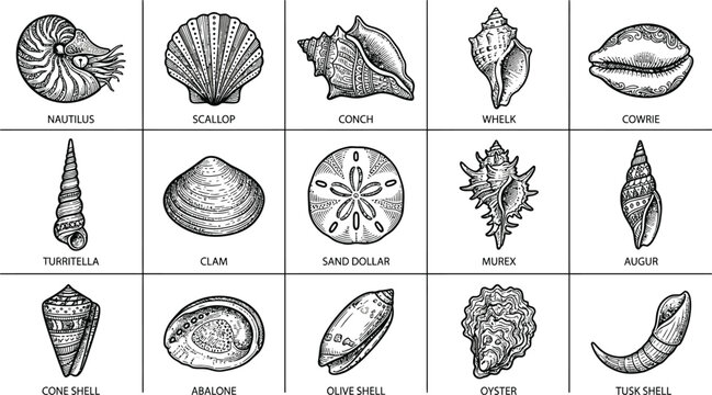 Vintage engraving collection of marine mollusk shells nautilus scallop conch and more