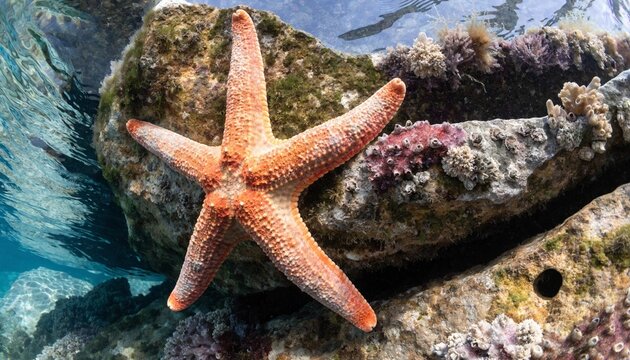 Vibrant orange starfish clinging to sunlit tide pool rock beneath clear shallow seawater, surrounded by coral, algae, and rippling blue light in a photorealistic coastal marine wildlife scene