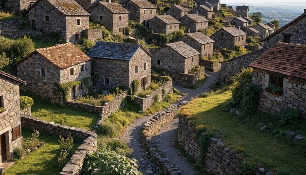 Terraced hillside village of stacked stone houses, winding footpaths, garden walls, and lush green plots in warm afternoon light, evoking rustic rural travel, European charm, and mountain heritage